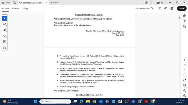 Robinson declares 2010 Ford Crown Victoria surplus and authorizes auction