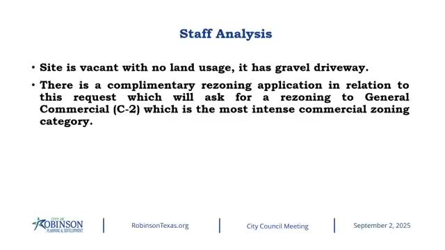 Robinson approves land‑use and zoning changes for 603 S. Robinson Drive to allow commercial development