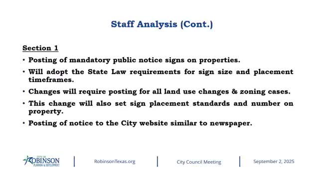 Robinson amends zoning code to comply with new state law; council limits signage requirement to state‑mandated cases