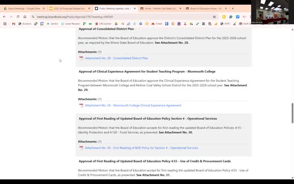 Board approves first readings of multiple policy updates, including procurement‑card and facility thresholds