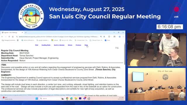 San Luis approves $100,000 design contract for Tenth Avenue widening; mayor abstained amid related litigation