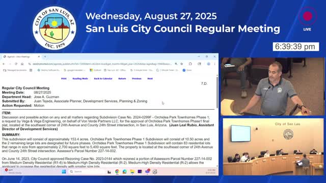 Council approves Orquidea Park Townhomes Phase 1 final plat with conditions; mayor abstains