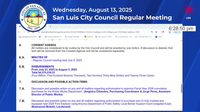San Luis council unanimously approves consent agenda and Public Works cumulative purchases totaling roughly $1.86 million