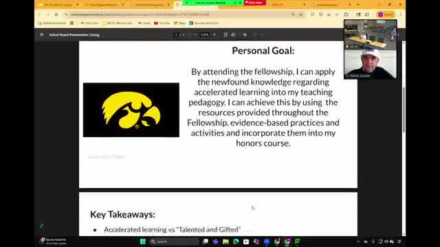 Teachers describe fellowship and classroom research funded by district teacher-quality dollars; research project included on approved consent agenda