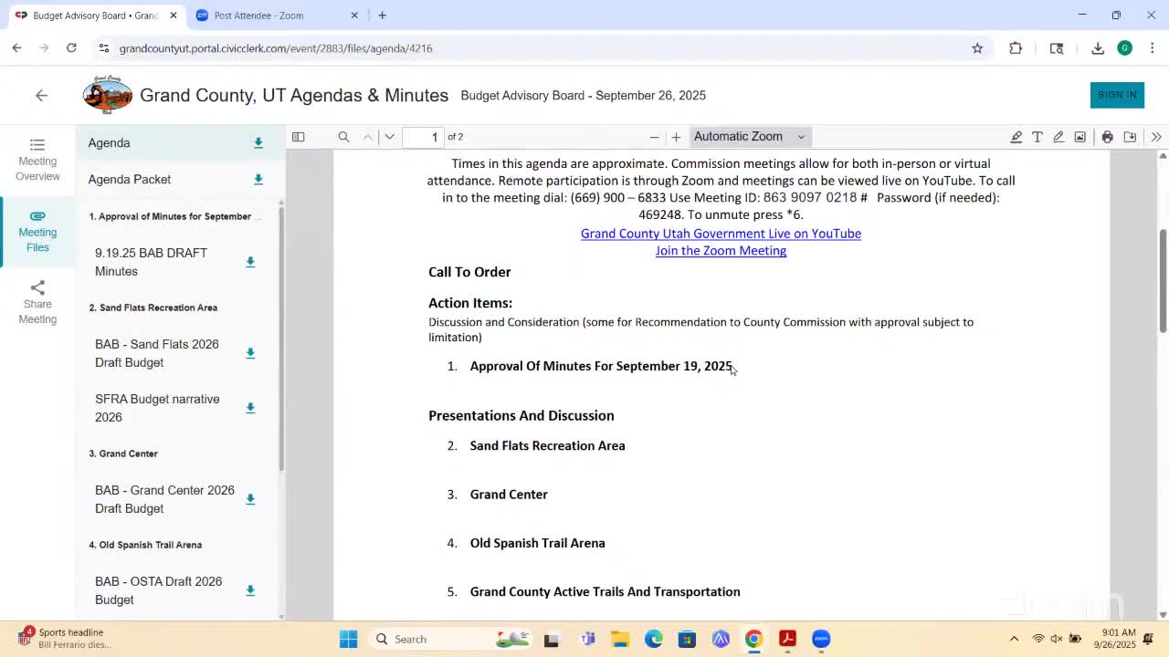 Budget advisory board approves Sept. 19 minutes; correction entered to reflect absences