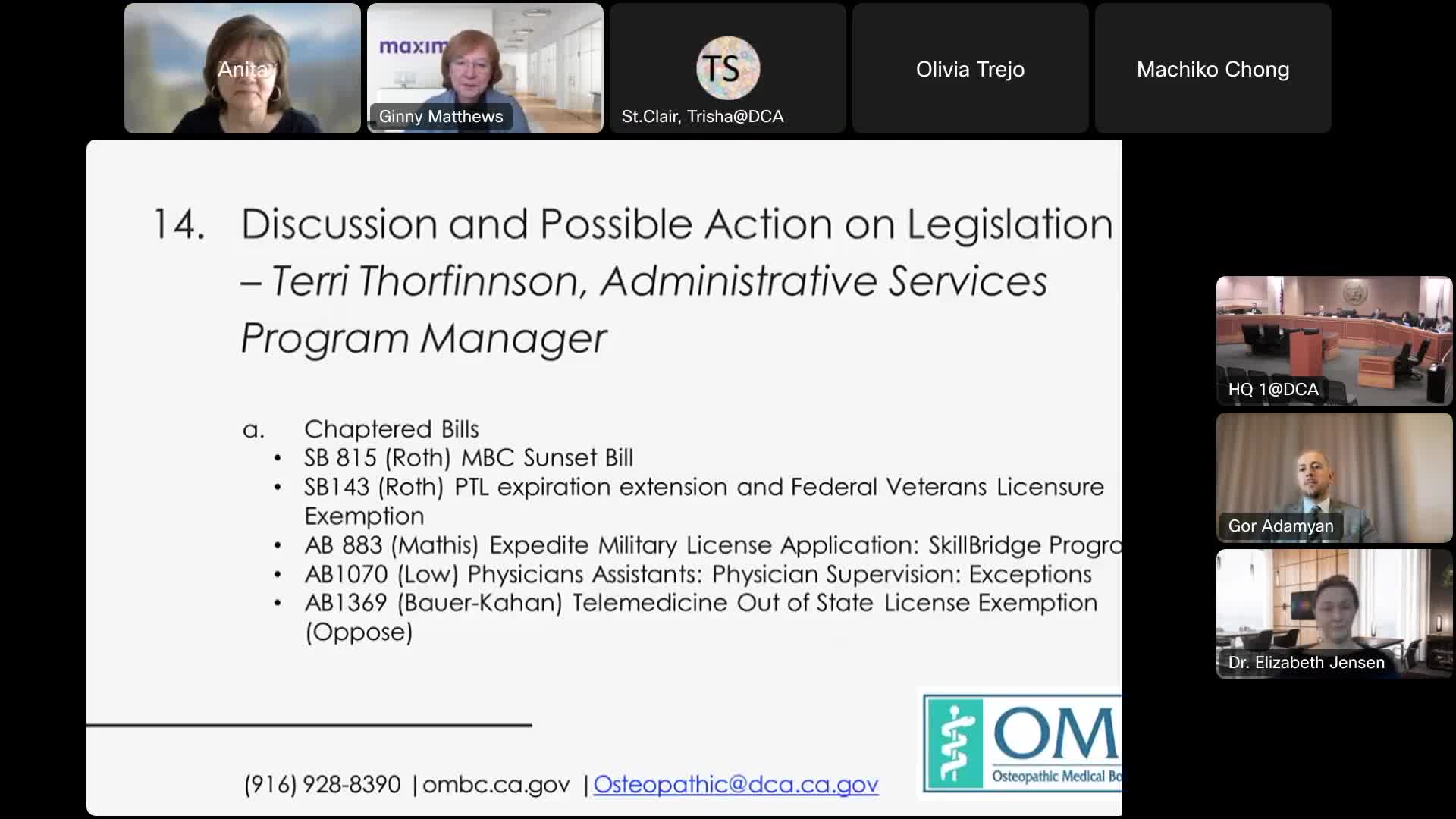 Terry Thorfinson reviews legislative changes on medical board oversight at board meeting