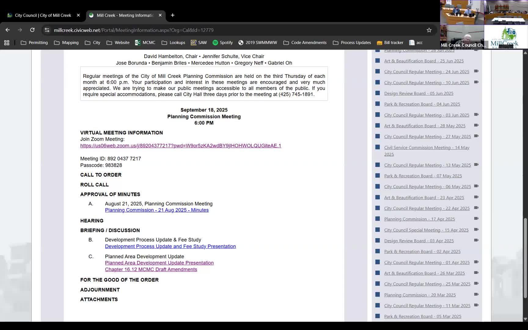 Mill Creek staff brief planning commission on new permitting software and broad fee study