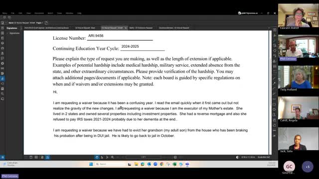 Board denies CE waivers but grants time-limited extensions for several licensees