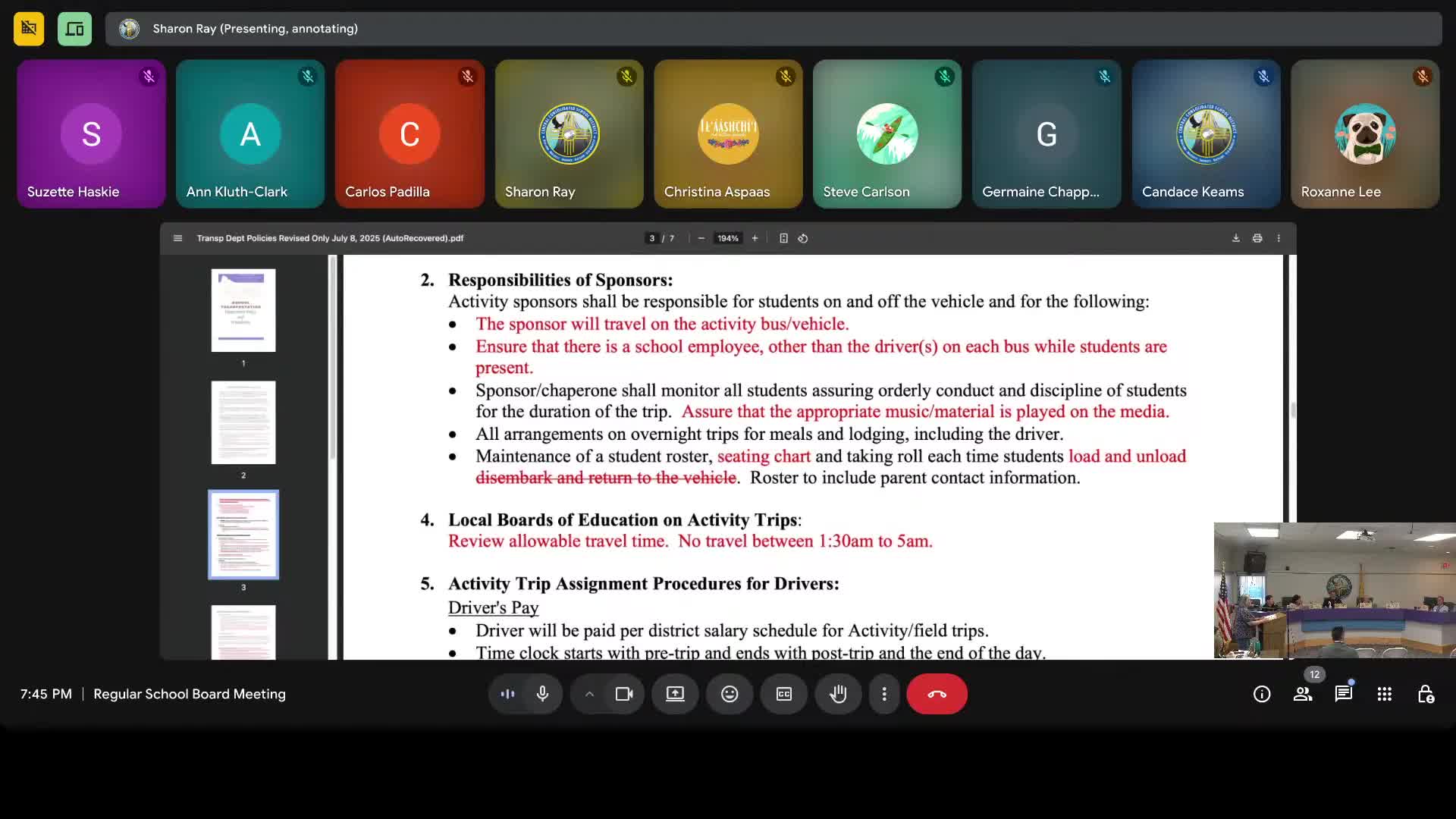 Transportation department presents revised bus policies; board requests legal and insurance review