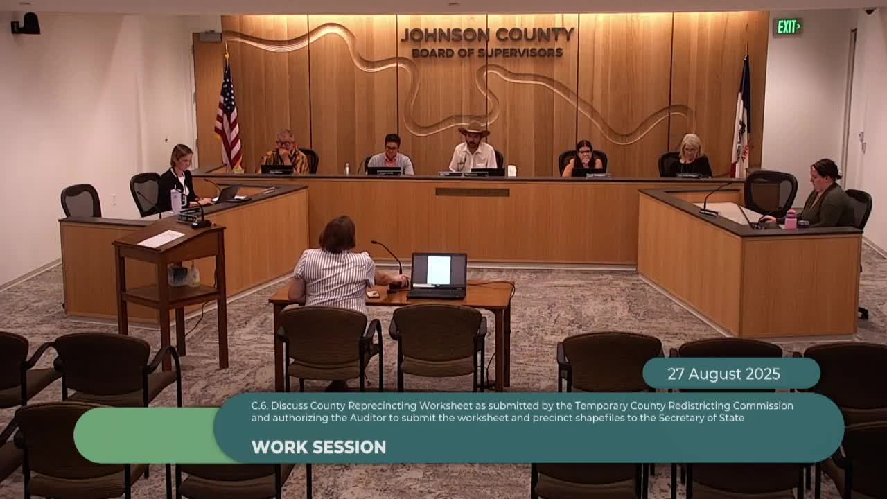 Auditor to submit temporary county redistricting worksheet to Iowa Secretary of State; Board thanks commission