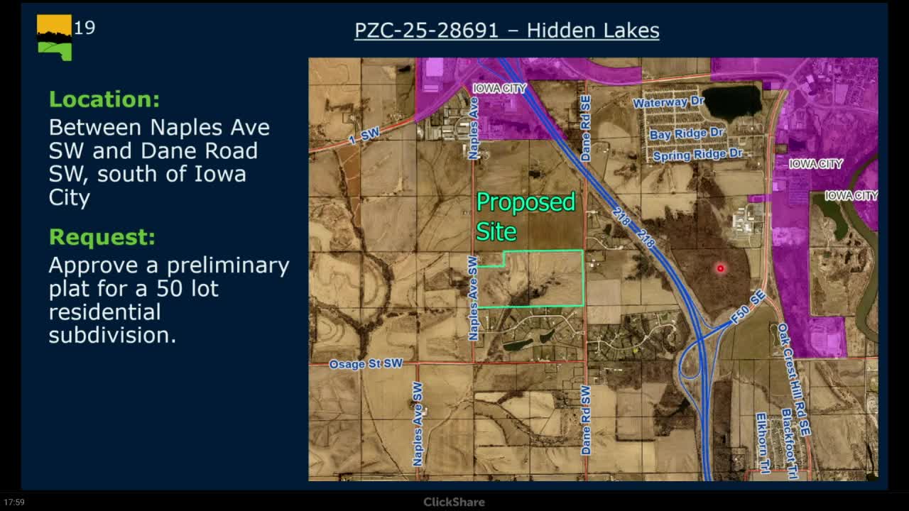 Board approves preliminary plat for 50‑lot Hidden Lakes subdivision with three conditions