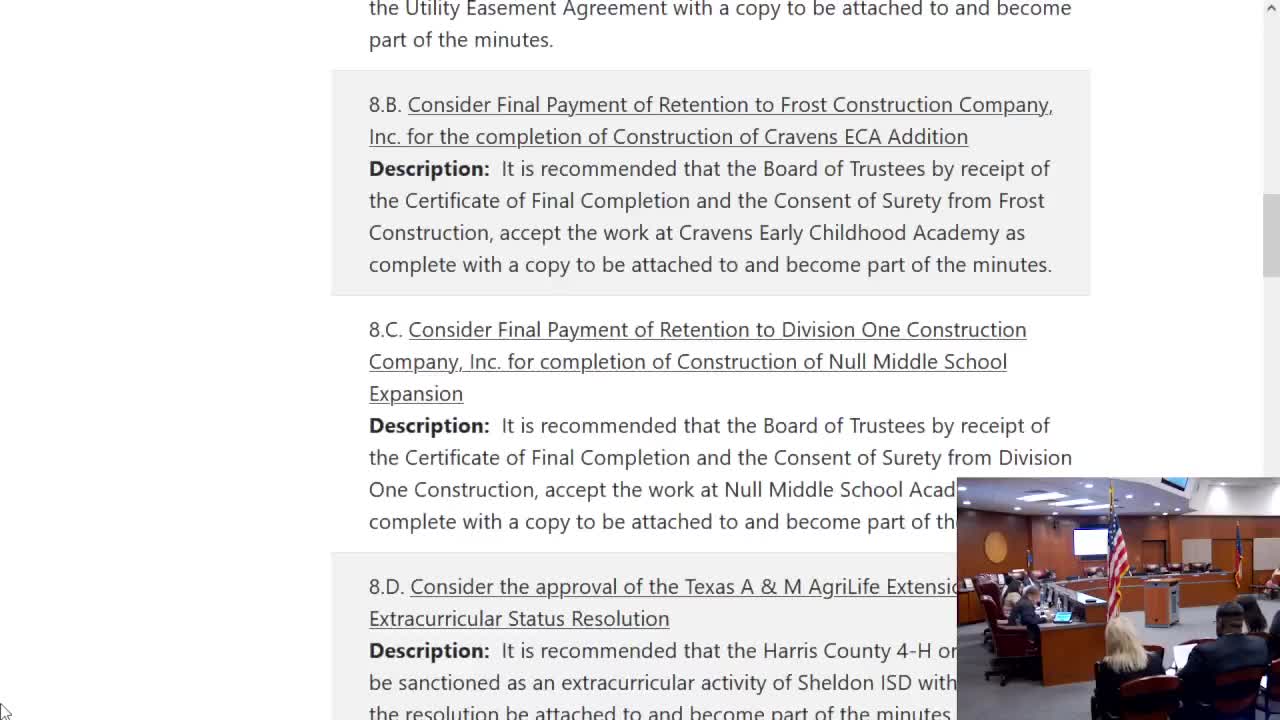 Sheldon ISD trustees delegate final acceptance and payment for Division 1 work at old middle school to superintendent