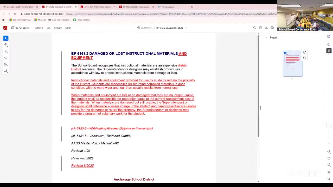 Committee flags repairs/replacement policy for lost or damaged district property; practice favors depreciated-value charges