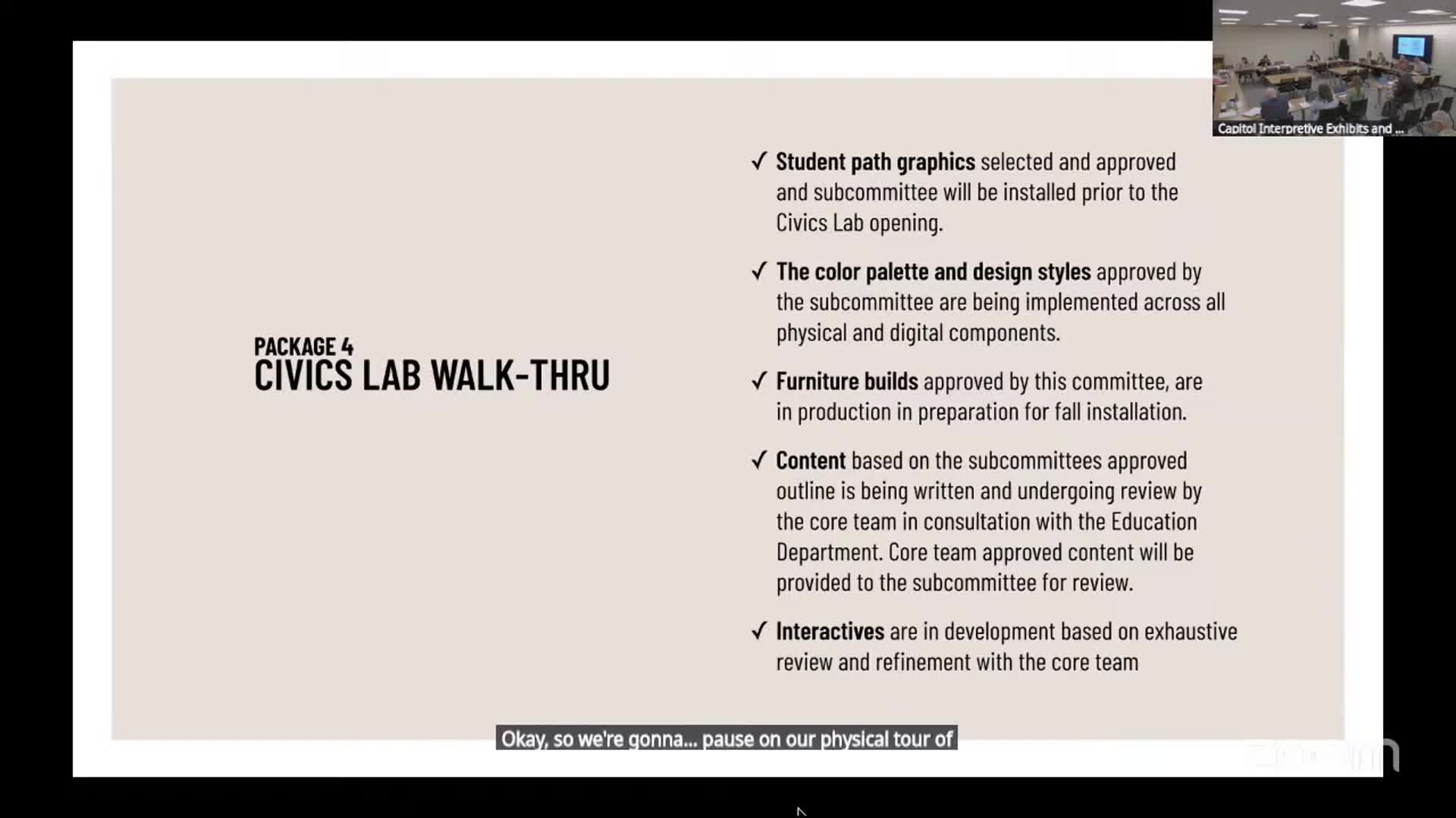 Extension gallery and custodial break-room work at 100% documents; cost estimates and acoustic mock-ups pending