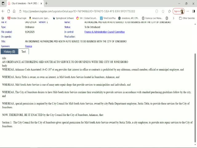 Jonesboro City Council Grants Auto Repair Permission to Justin Tittle's Mid South Auto Service