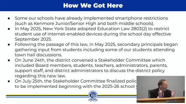 Kenmore UFSD outlines grade‑specific plan to implement New York law limiting student use of internet‑enabled devices