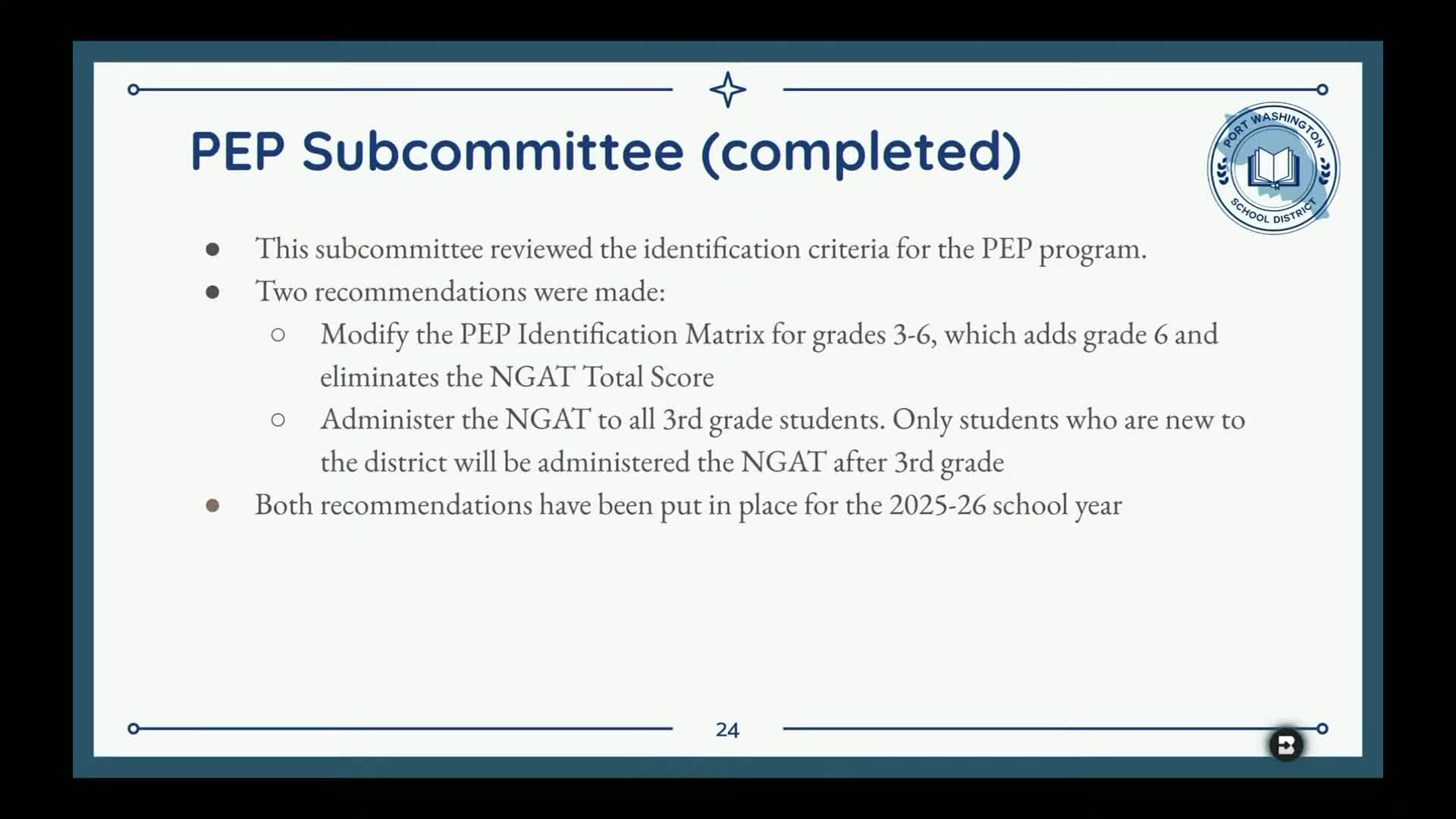PEP subcommittee expands screening: district to give end‑of‑gap screener to all third graders