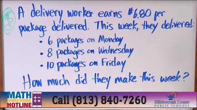 Hosts model a package-delivery word problem: 24 packages at $6.80 yields $163.20