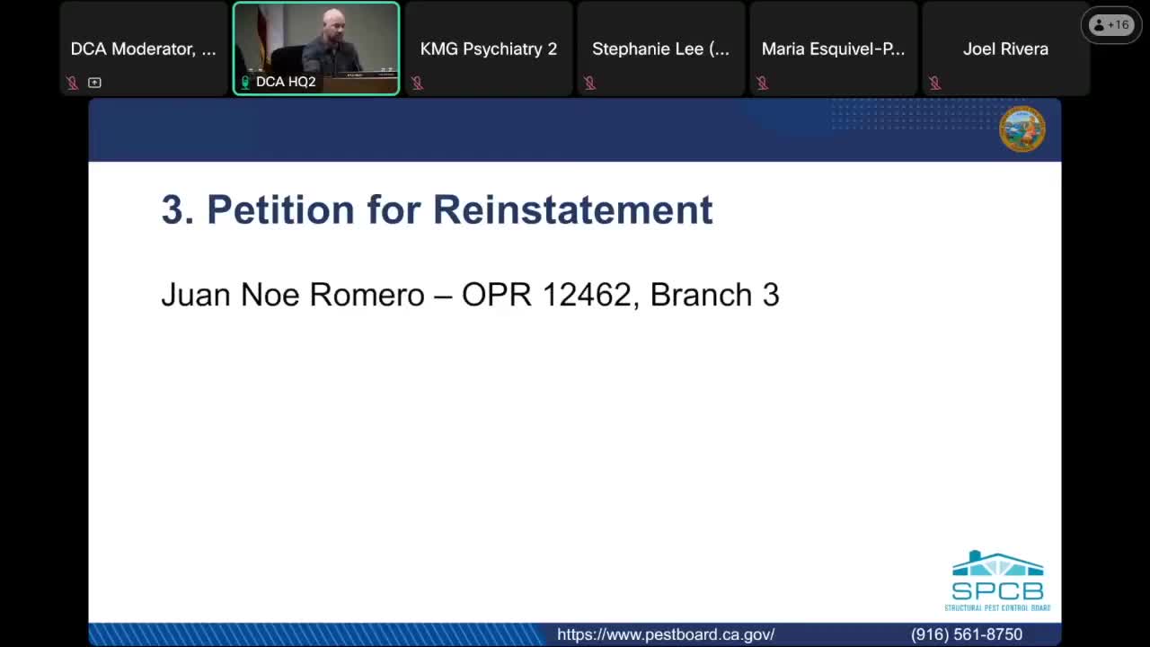 Juan Noe Romero petitions to reinstate operator license; board hears testimony, record submitted