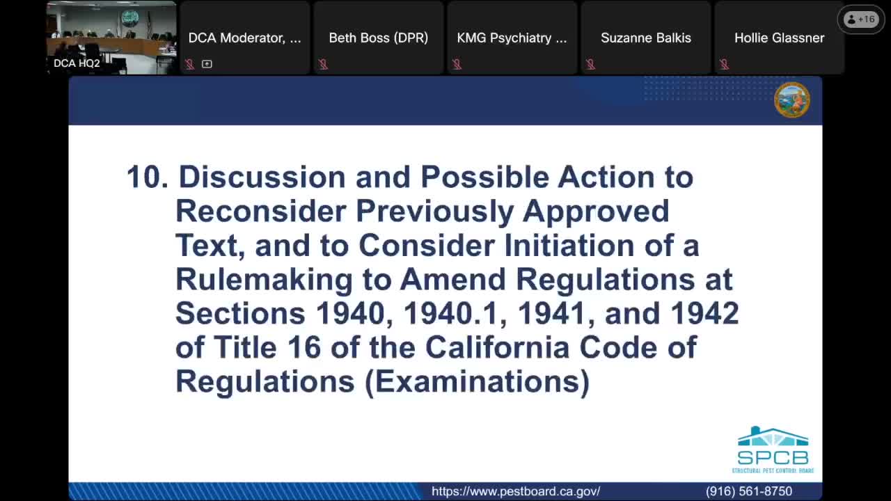 Board adopts updated examination regulation package; OPES recommends smaller tests and new passing‑score method to consider
