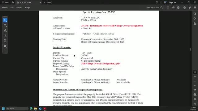 Commission tables county-initiated return of East Griffin property to Mill Village overlay after owner cites health, requests time