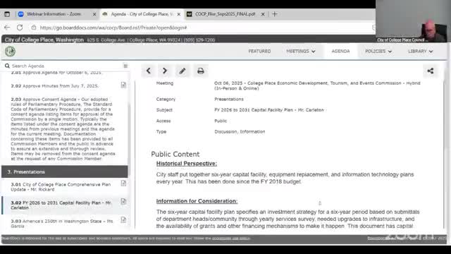 Commission recommends College Place 2026–31 Capital Facilities Plan to council; motion approved