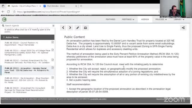 Council accepts geographic description and sets hearing for Hanley Trust annexation at 325 N. Della Ave.