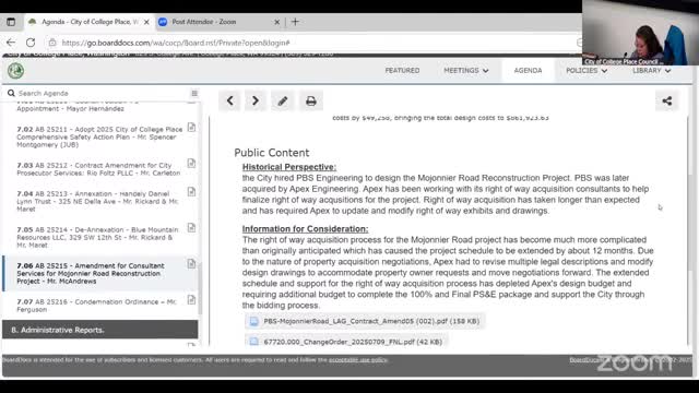 Council authorizes WSDOT supplemental agreement to increase Apex (formerly PBS) design funds for Marjona Road by $49,258