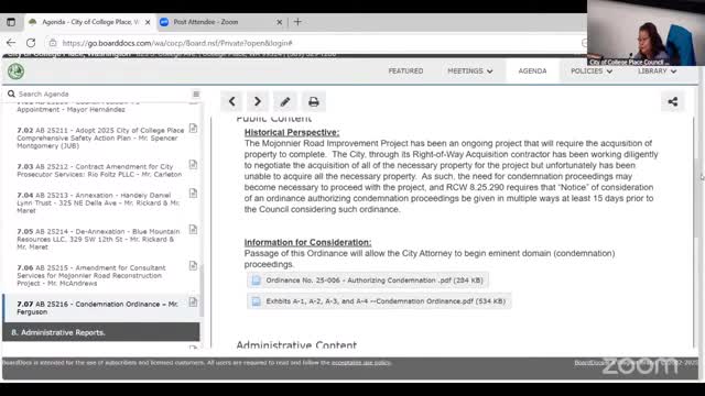 Council adopts emergency ordinance authorizing condemnation proceedings for road right‑of‑way; attorneys explain remaining holdout issue