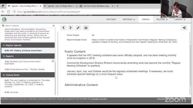 College Place Historic Preservation Commission adopts quarterly meeting schedule