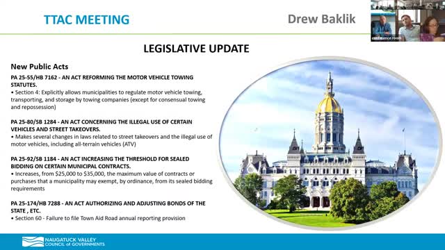 NVCOG briefs members on recent Connecticut transportation laws affecting towing, bidding and automated enforcement