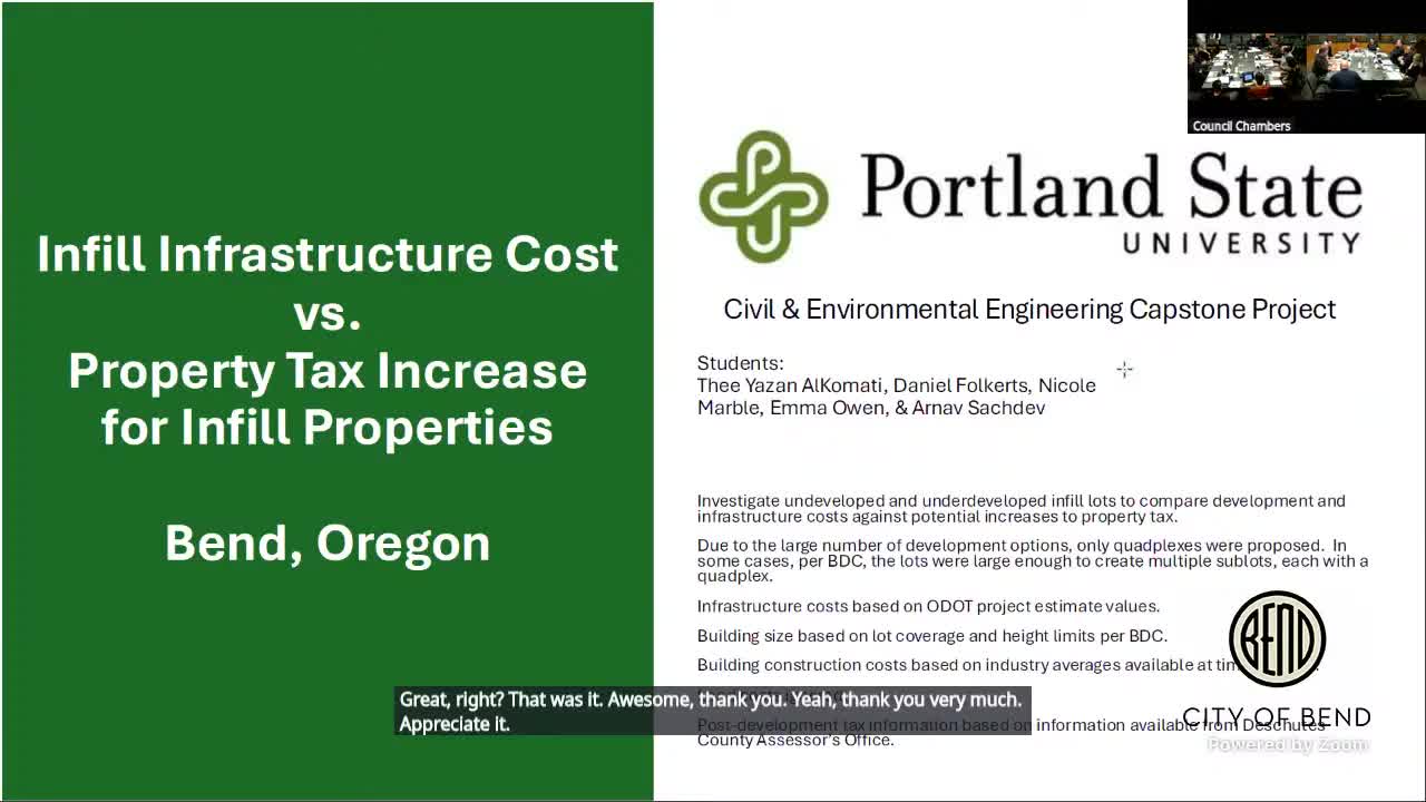Staff and PSU capstone present infrastructure financing options; students' model suggests tax‑base increases could repay off‑site infrastructure in under a deká