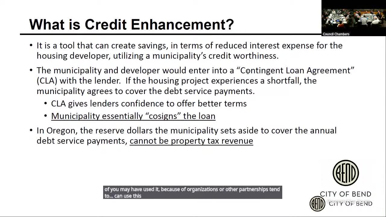 City staff outlines municipal credit‑enhancement option to lower borrower rates; legal and revenue limits cited