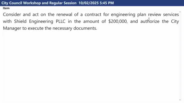 Corinth renews Shields Engineering plan‑review contract for $200,000