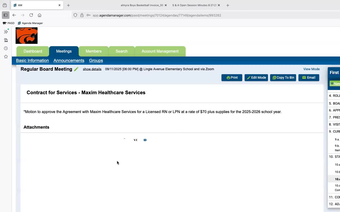 Board approves contract for licensed nurse services at $70 per hour for 2025-26