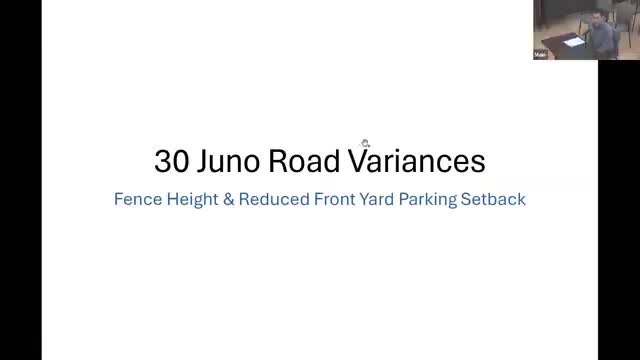 Board approves 8‑foot fence and new driveway at 30 Juno Road with tree‑canopy condition