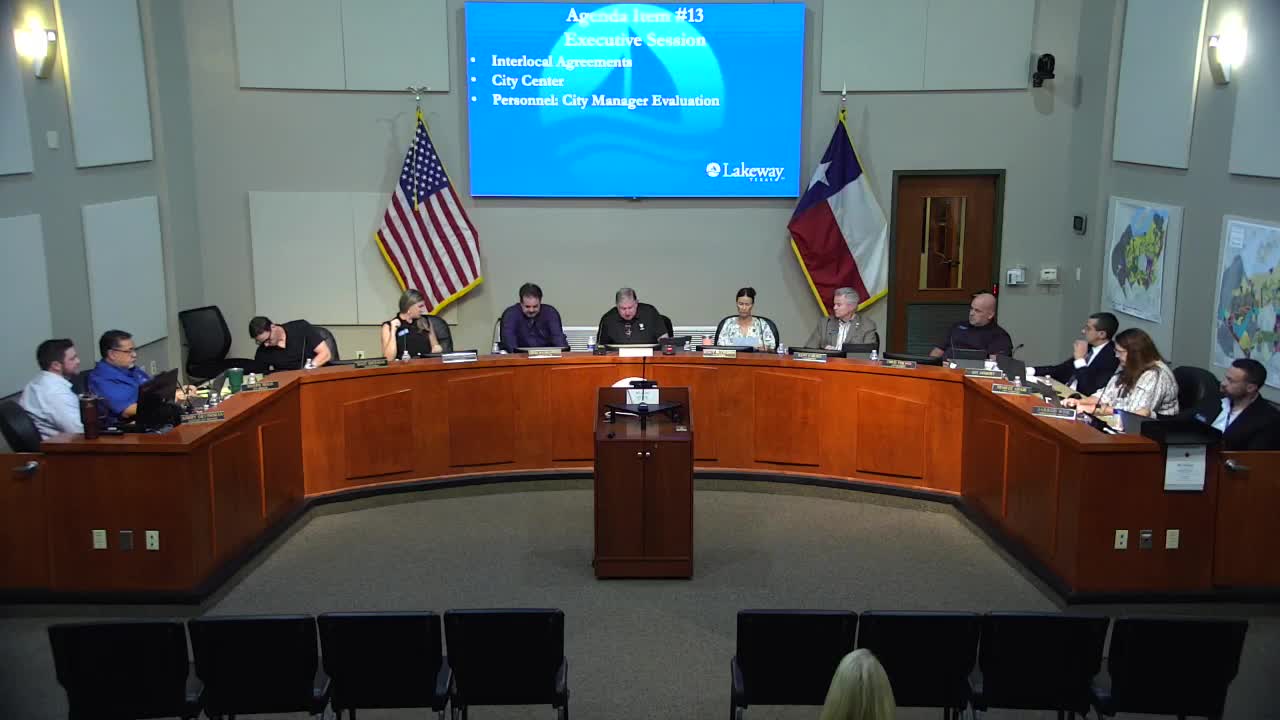 Council directs city manager to communicate with Bee Cave; no open‑session action taken on city center or personnel evaluation