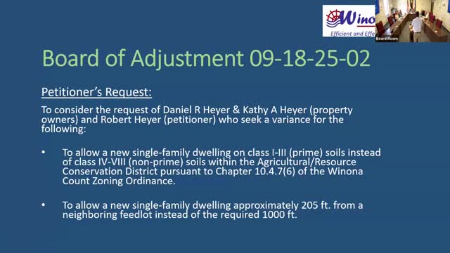 Board denies Hyer family variance request to place dwelling 205 feet from feedlot; 1,000‑foot setback required