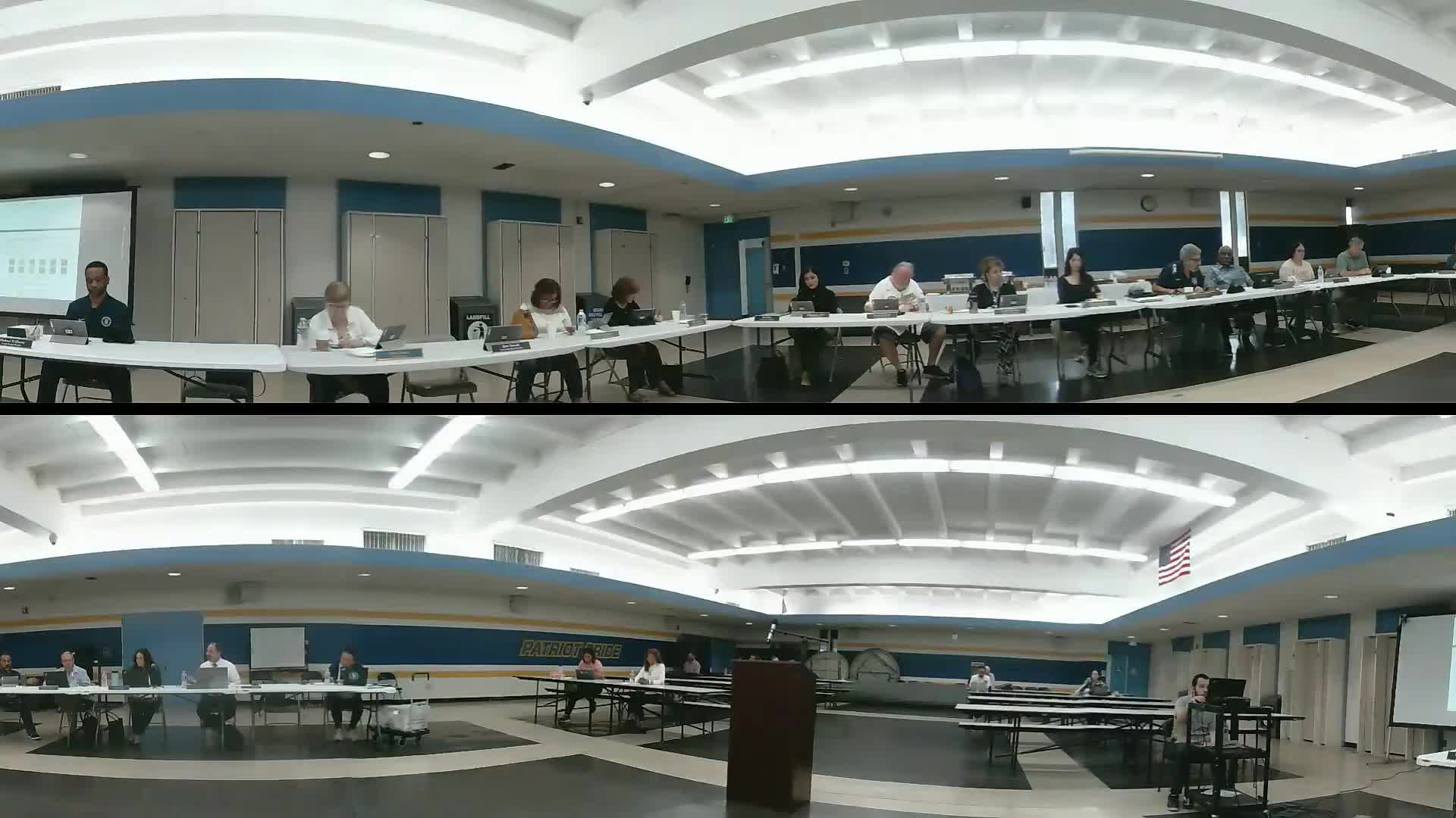 Staff brief board on renewal timeline and school performance dashboard; math progress highlighted