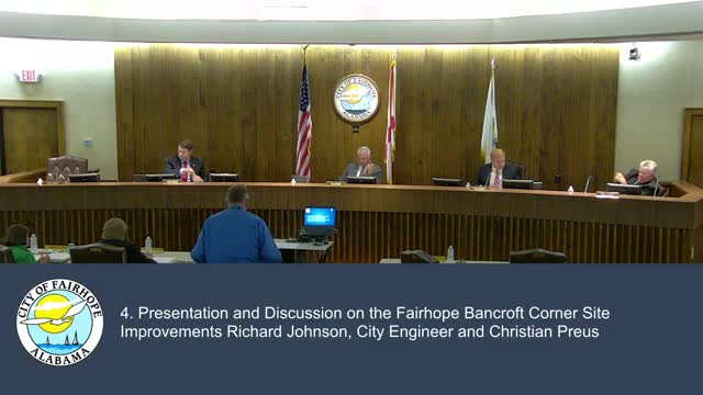 Fairhope staff present final design and budget for Bancroft Corner pocket park; council asked to pick a name