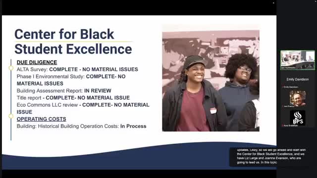 District reports no major red flags in due diligence for Center for Black Student Excellence; operating estimate and LLC arrangements under review
