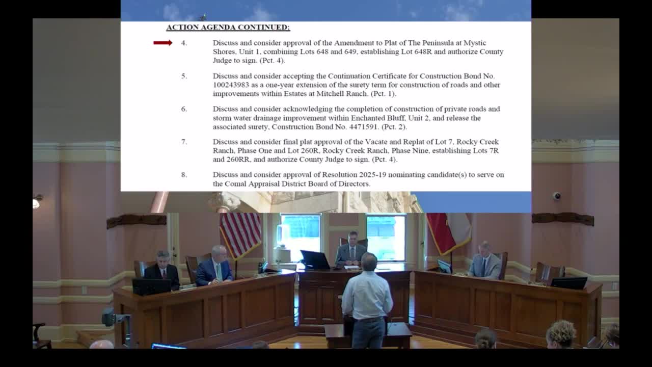 Court approves plats, accepts surety release and extends construction bond for Mitchell Ranch