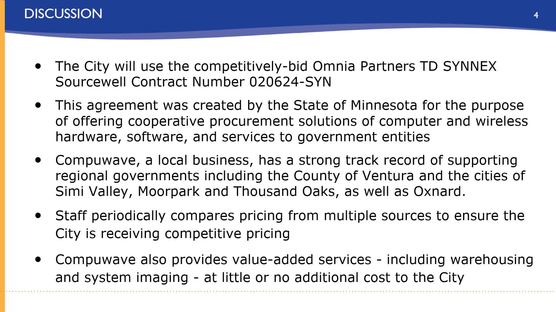 Oxnard staff ask council to authorize $1.2 million, two‑year IT hardware agreement with CompuWave