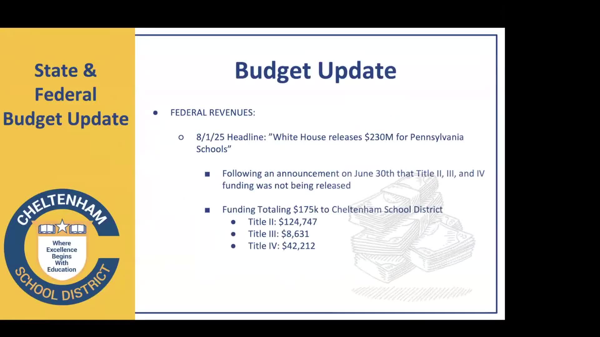 Federal Title funds released; state budget impasse freezes some Cheltenham School District payments