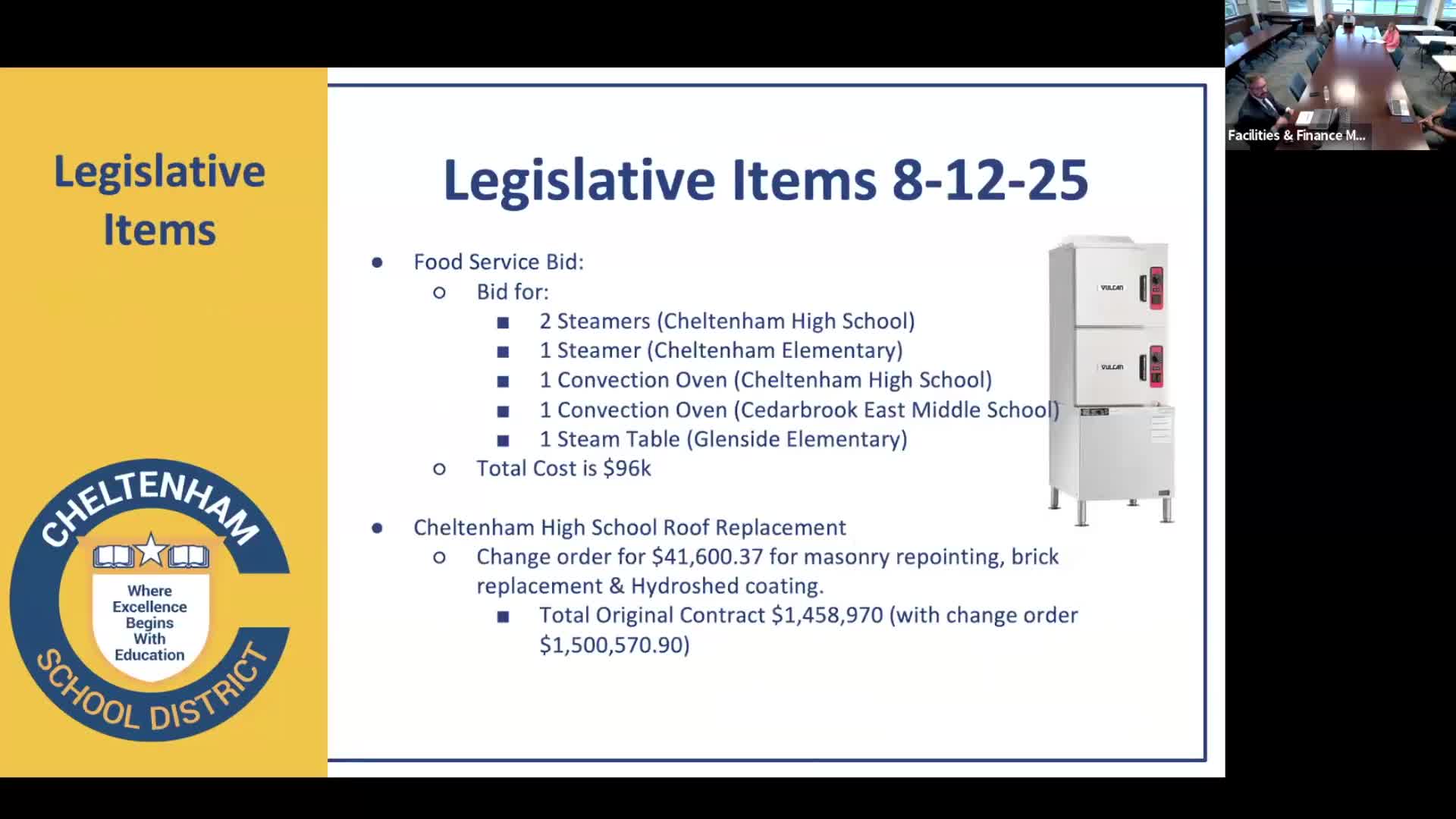 Committee reviews $96,000 in food-service equipment replacements and a masonry-related roof change order