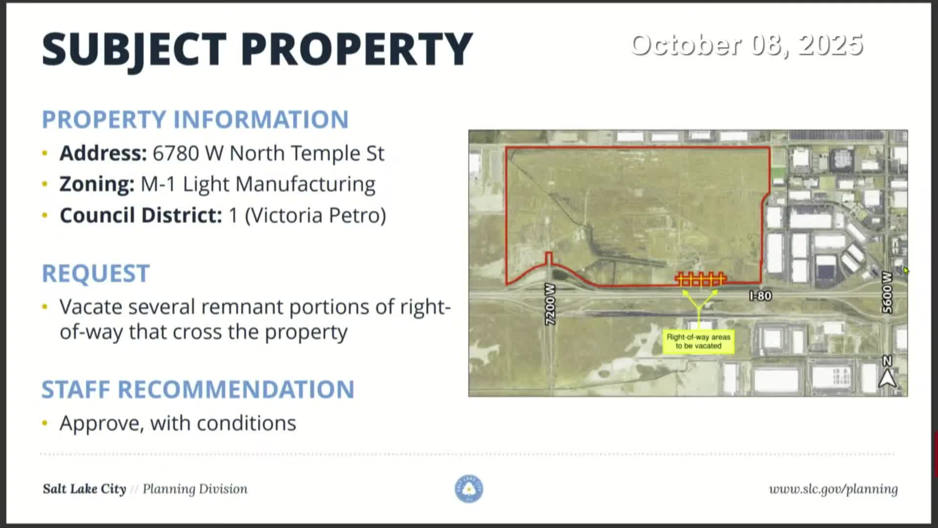 Planning Commission recommends city council approve street vacation at former North Temple landfill; vote 6‑1