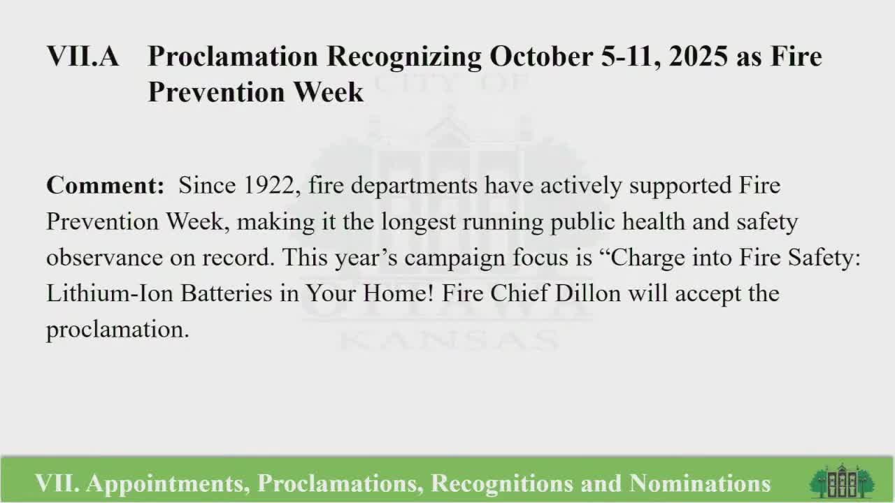 Ottawa proclaims Oct. 5–11 Fire Prevention Week; department plans school outreach on lithium‑ion battery safety