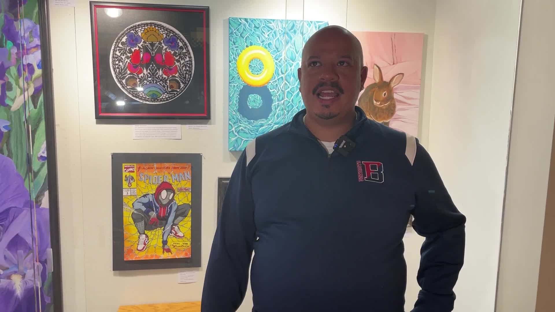 Speaker describes Miles Morales–inspired mixed‑media piece emphasizing representation