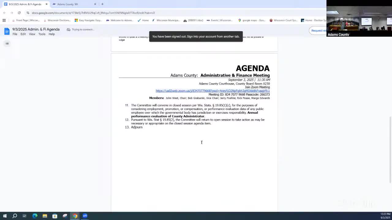 Committee moves into closed session for county administrator performance evaluation after roll call