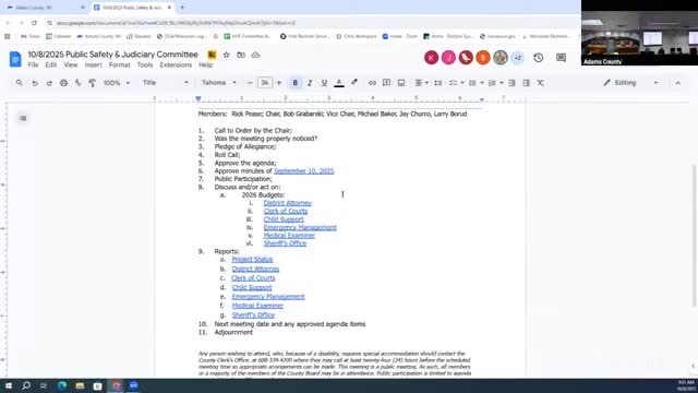 Adams County committee reviews 2026 departmental budgets; health‑insurance and revenue adjustments noted